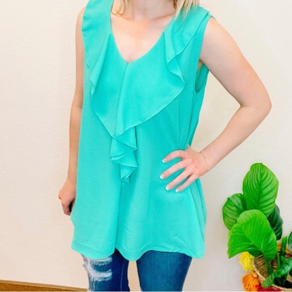 🥳 3/ $10!! BRAND NEW! Jade/Mint Ruffle Woven Sleeveless Tank. Size LG - Picture 3 of 3